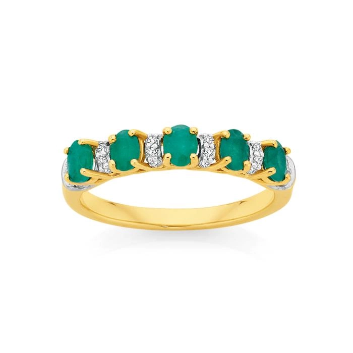 9ct Gold Natural Emerald & Diamond Band