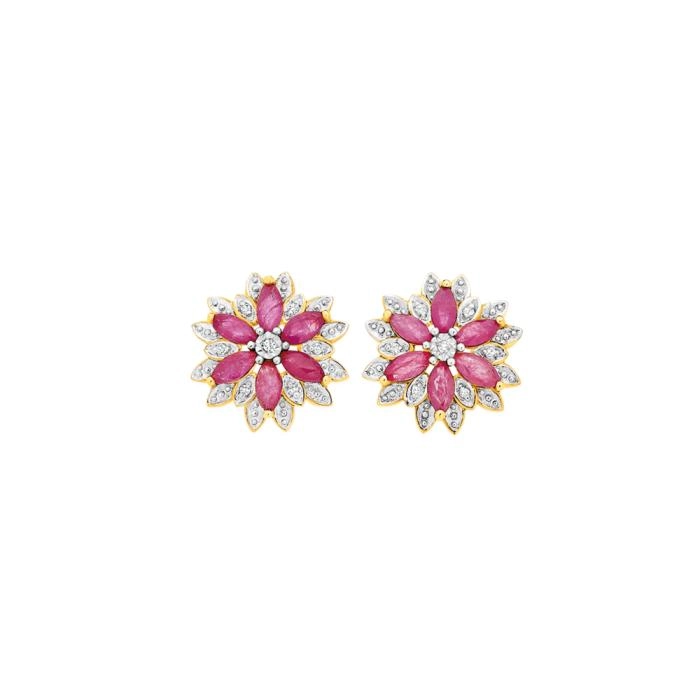 9ct Gold Natural Ruby and Diamond Flower Stud Earrings