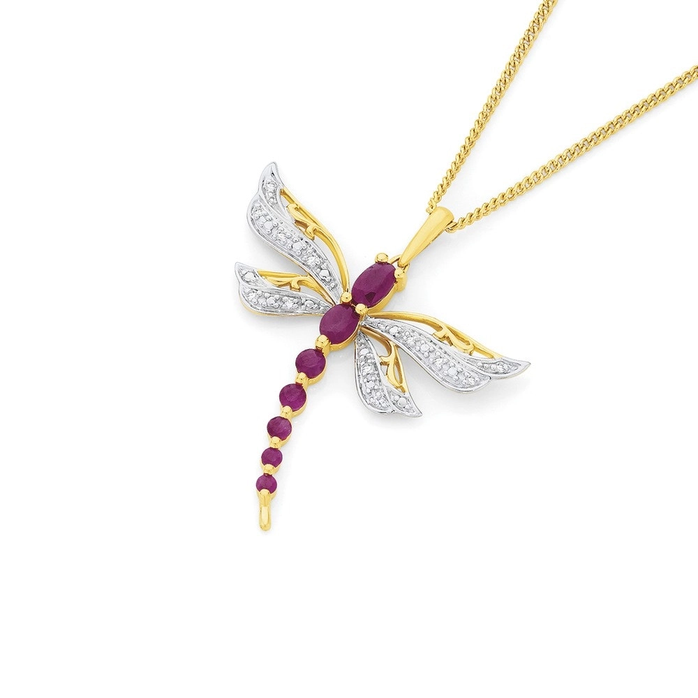 9ct Gold Natural Ruby & Diamond Dragonfly Pendant