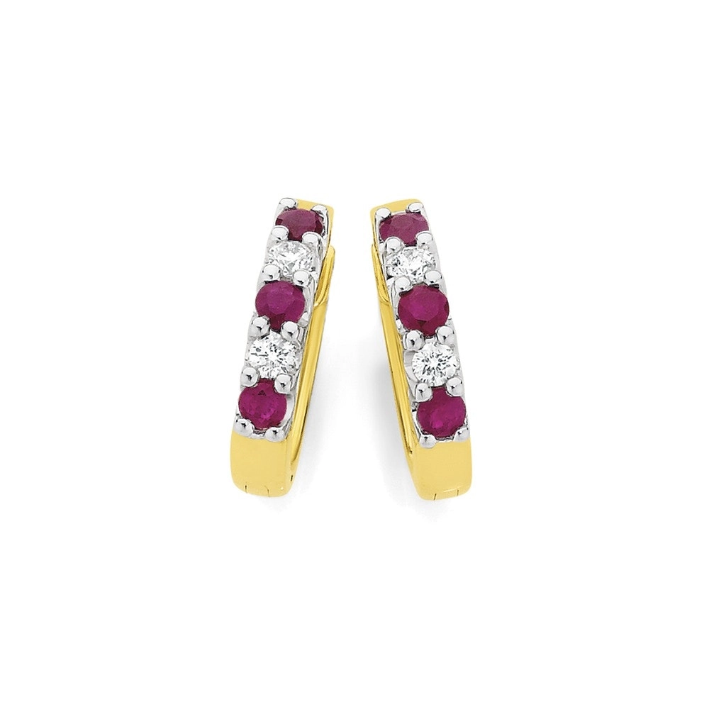 9ct Gold Natural Ruby & Diamond Huggie Earrings