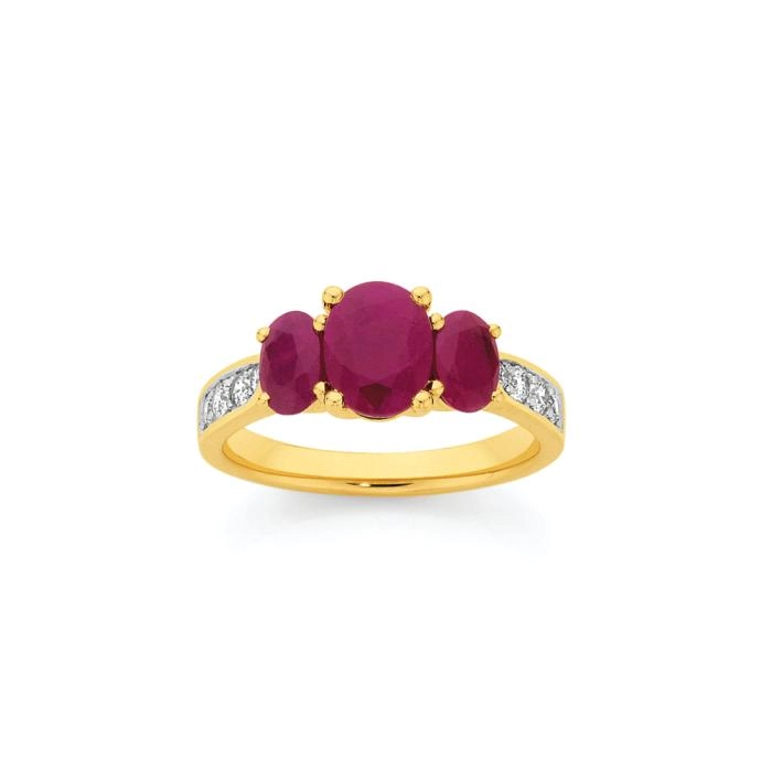 9ct Gold Natural Ruby & Diamond Trilogy Ring