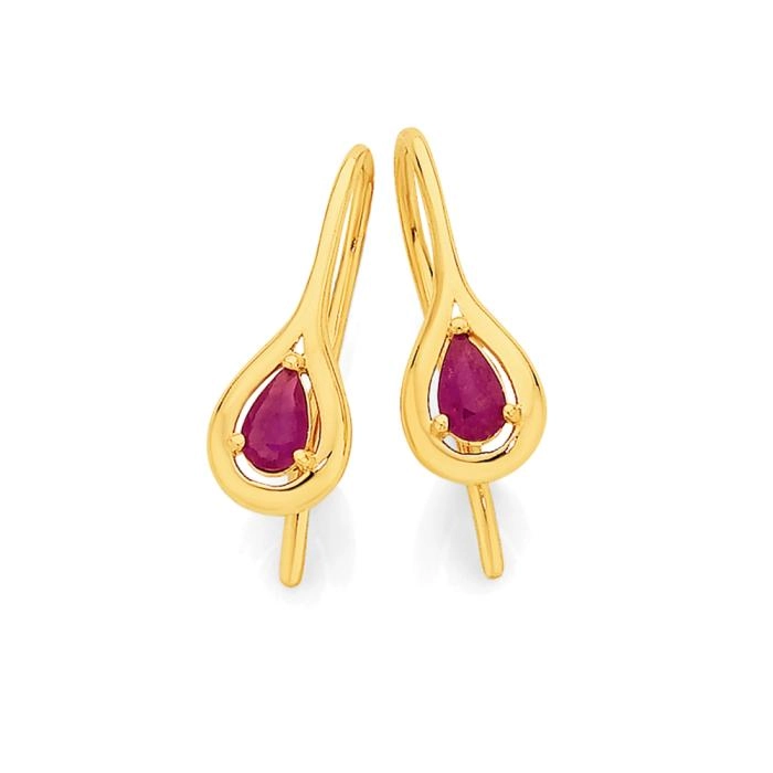 9ct Gold Natural Ruby Drop Earrings