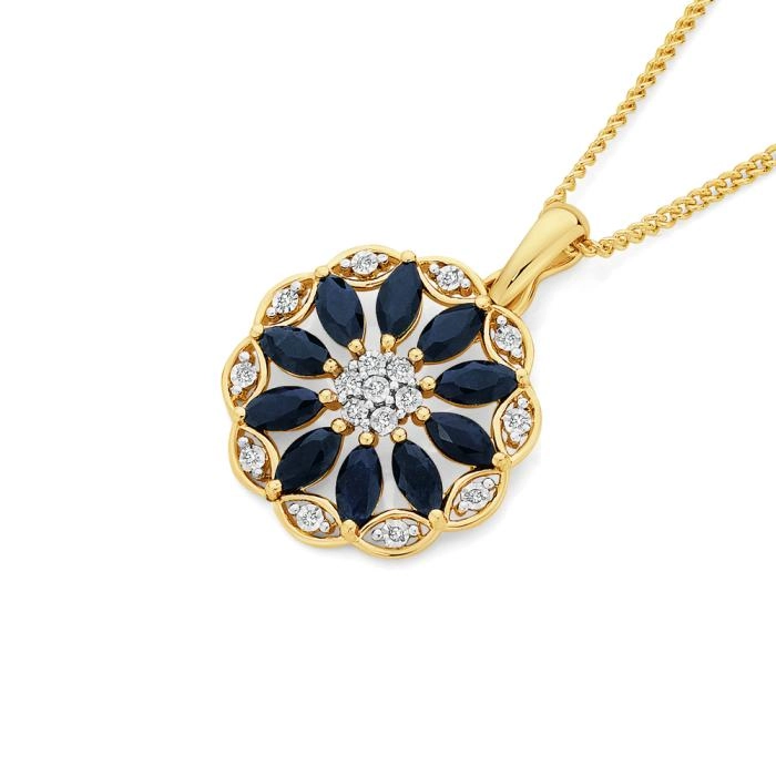 9ct Gold Natural Sapphire & Diamond Wreath Flower Pendant