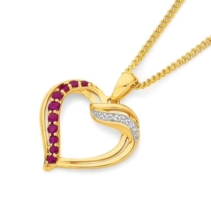 9ct Gold Ruby & Diamond Open Heart Pendant