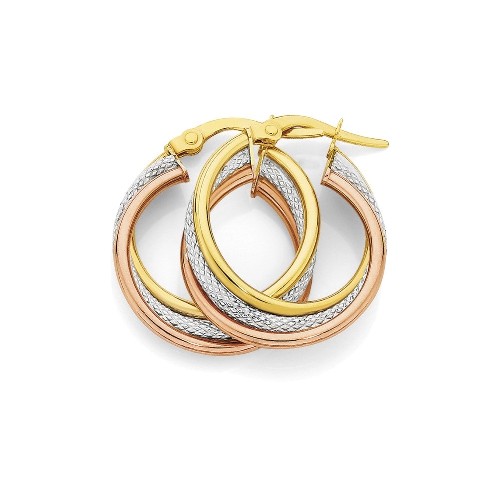 9ct Gold Tri Tone 15mm Plain & Pattern Hoop Earrings