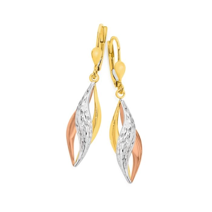 9ct Gold Tri Tone Pointed Twist Leverback Drop Earrings