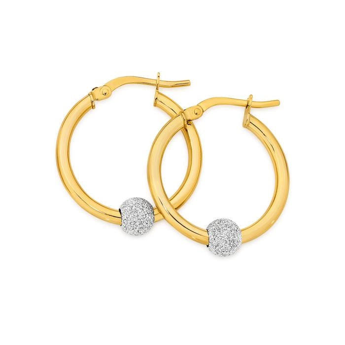 9ct Gold Two Tone 15mm Stardust Ball Hoop Earrings