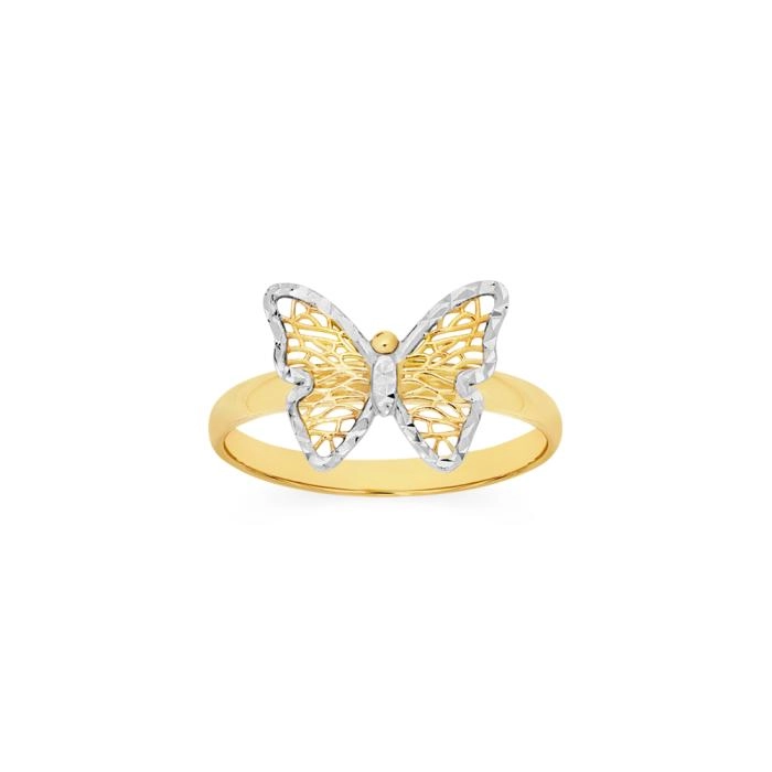 9ct Gold Two Tone Diamond-Cut Filigree Butterfly Ring