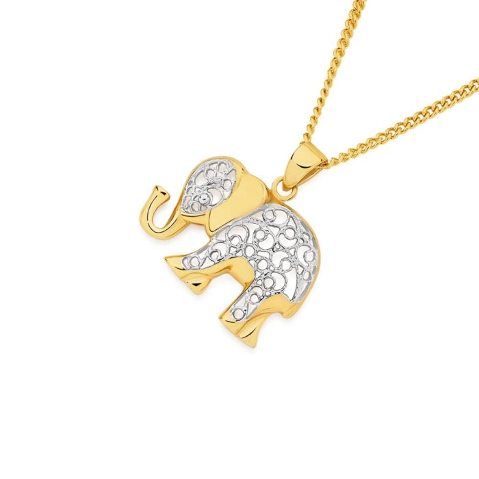 9ct Gold Two Tone Filigree Elephant Pendant