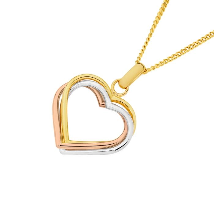 9ct Tri Tone Gold Diamond-Cut & Polished Three Open Heart Pendant