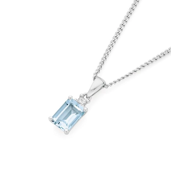 9ct White Gold Aquamarine & Diamond Emerald Cut Pendant