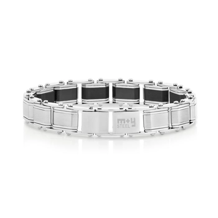 M+Y Stainless Steel Black Centre/Silver Line Edge Gents Bracelet