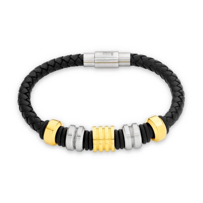 M+Y Stainless Steel Black Leather & Steel Rings Gents Bracelet