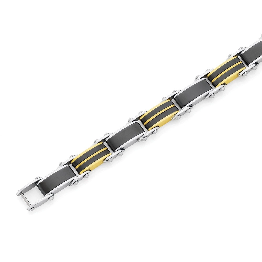 M+Y Stainless Steel Fancy Gold Plated Bar & Black Link Gents Bracelet