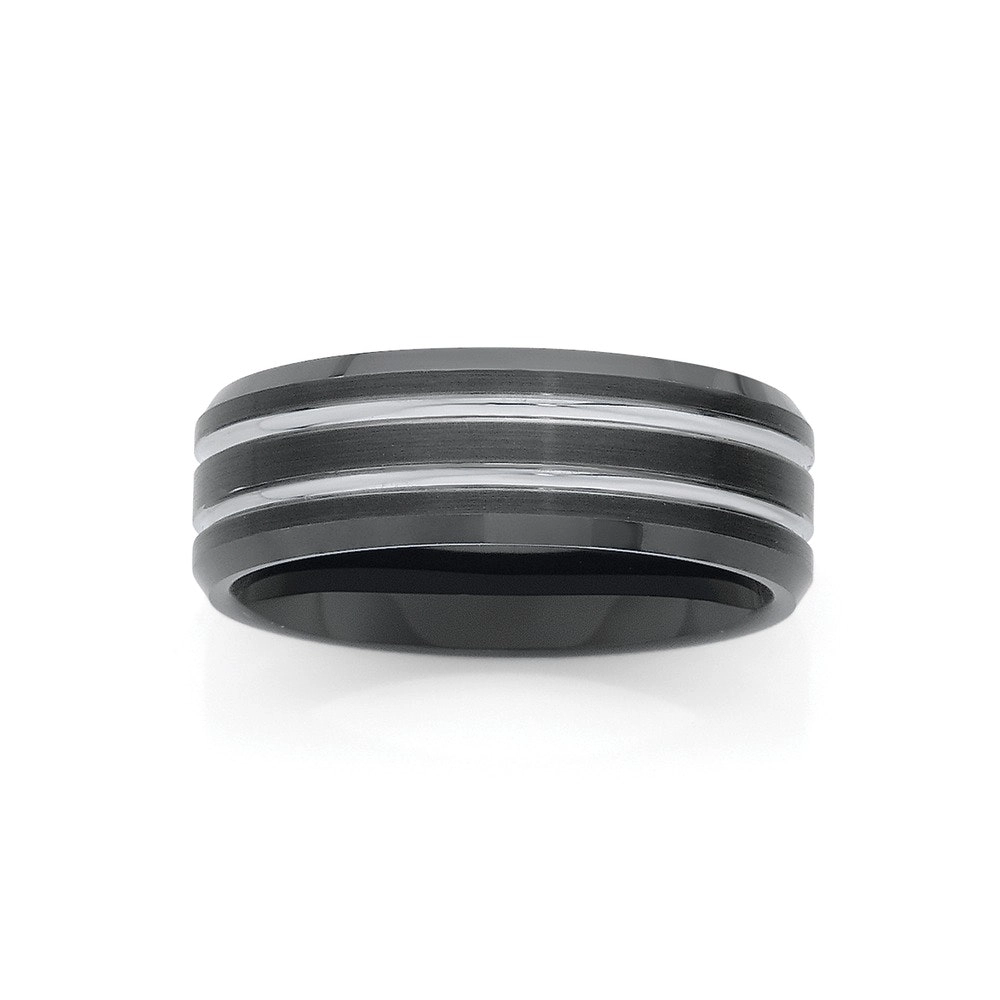 M+Y Tungsten Carbide Black & 2 Silver Lines Gents Ring