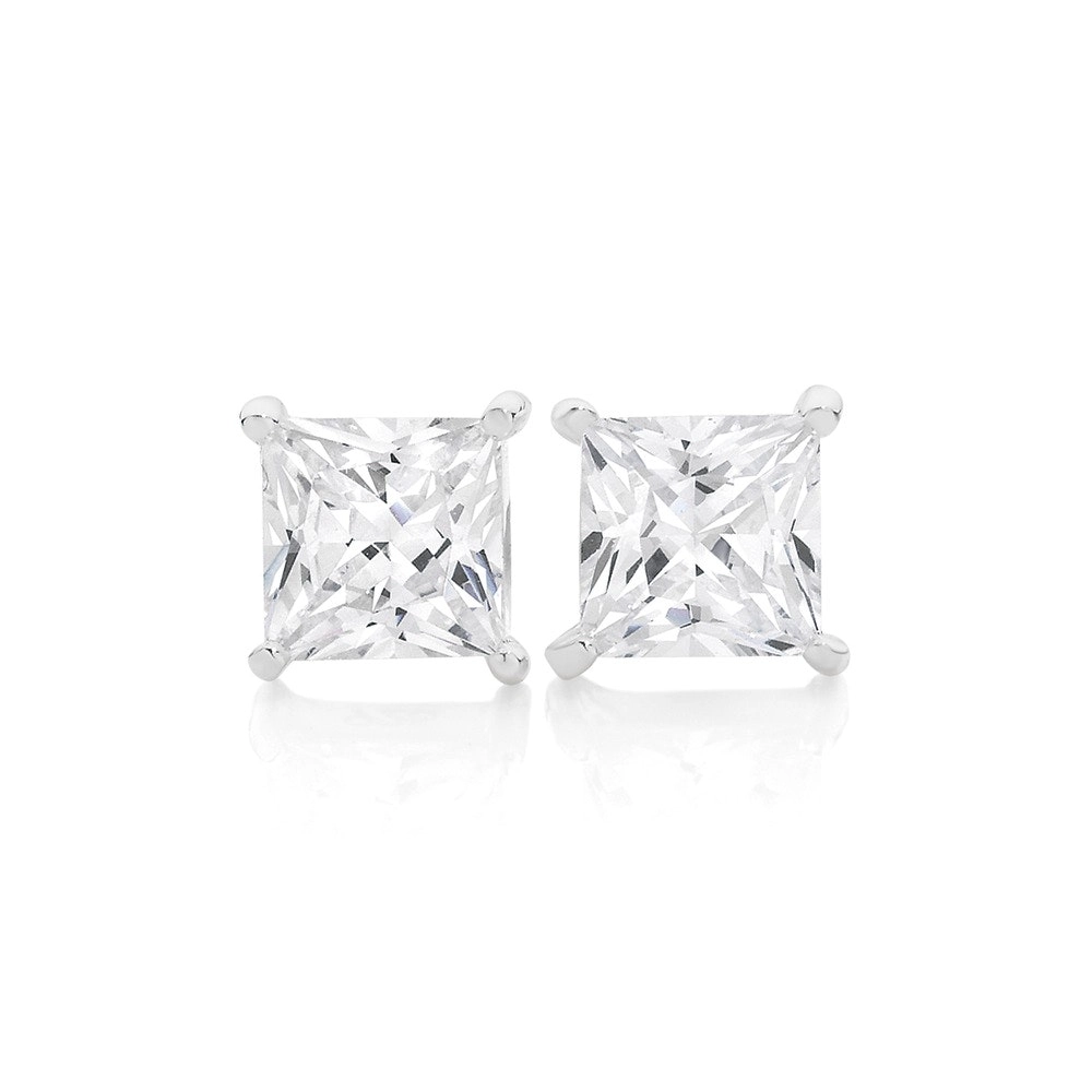 Sterling Silver 6mm Cubic Zirconia Square Stud Earrings