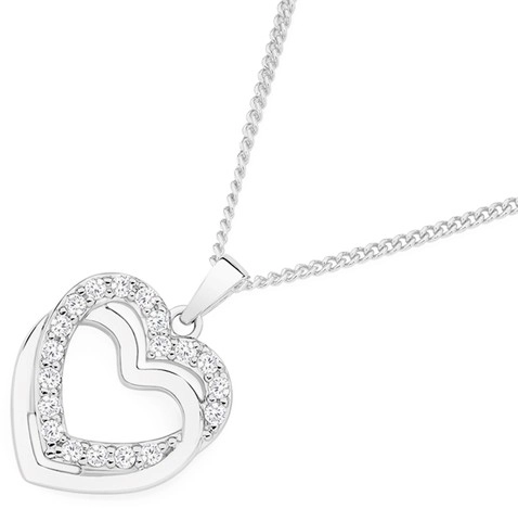 Sterling Silver Interlocking Cubic Zirconia & Plain Heart Pendant