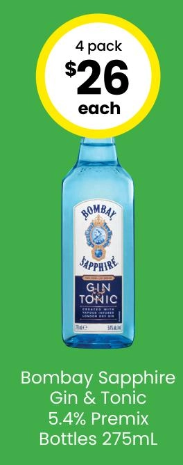 Bombay Sapphire Gin & Tonic 5.4% Premix Bottles 275ml