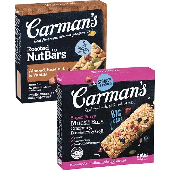 Carman’s Nut Bars 160-175g Pk 5, Muesli Bars 150-270g Pk 6, or Functional Bakes 175-180g Pk 4-5