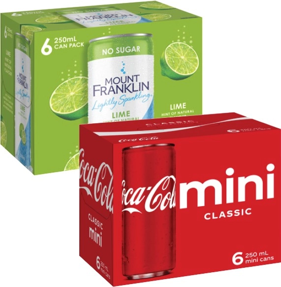 Coca-Cola, Sprite, Fanta, Deep Spring or Mt Franklin Mini Cans 6x250mL