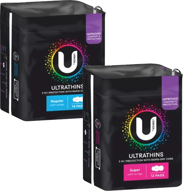 U By Kotex Ultra Thin Pads with Wings Regular 14 Pack or Super 12 Pack