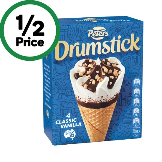 Peters Drumstick Ice Cream 475-490ml Pk 4-6 – Excludes Plant Based – From the Freezer