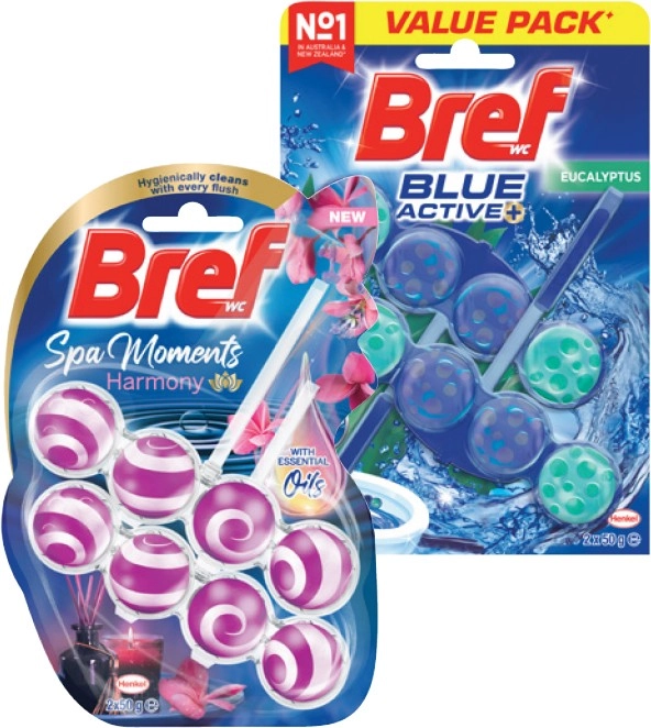 Bref Spa Moments or Blue Active In The Bowl Toilet Cleaner Twin Pack 100g