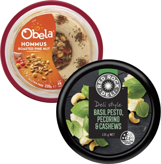 Obela Garnished Hommus Dip 220g or Red Rock Deli Dip 135g