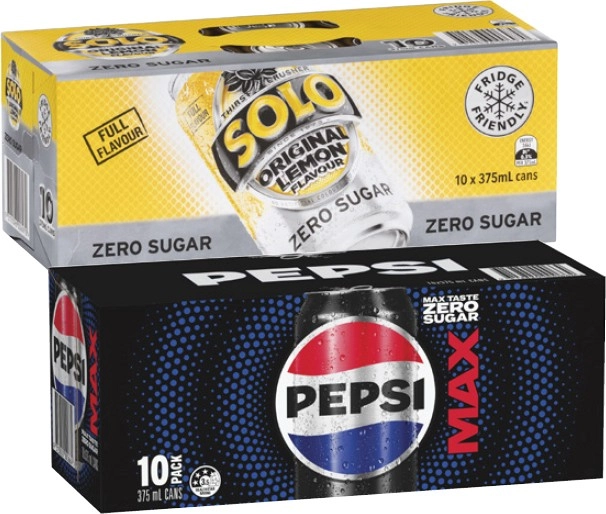 Pepsi, Solo or Schweppes Soft Drink 10x375mL