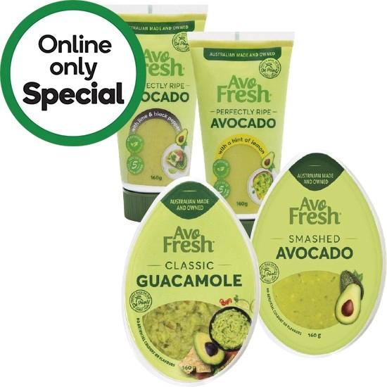 Avofresh Classic Guacamole Tub 160g, Smashed Avocado Tub 160g, Hint of Lemon Tube 160g or Lime & Black Pepper Tube 160g