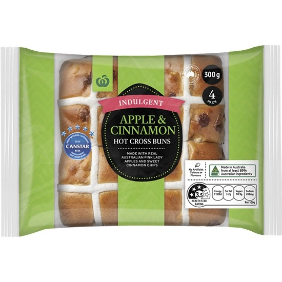 Woolworths Indulgent Apple & Cinnamon Hot Cross Buns Pk 4