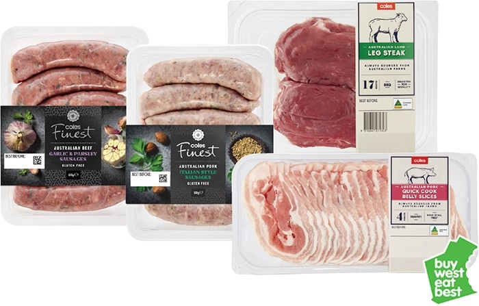 Coles Finest Sausages 450g-500g, Pork Quick Cook Belly Slices 350g or Lamb Leg Steak 270g