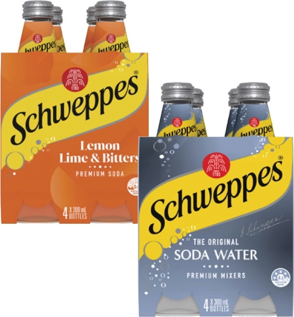 Schweppes Mixers, Soft Drink or Mineral Water 4x300mL