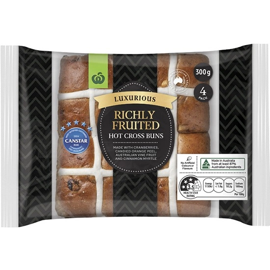 Woolworths Luxurious Richly Fruited Hot Cross Buns Pk 4