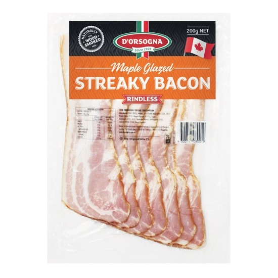 D’Orsogna Maple Glazed Streaky Bacon 200g – From the Fridge