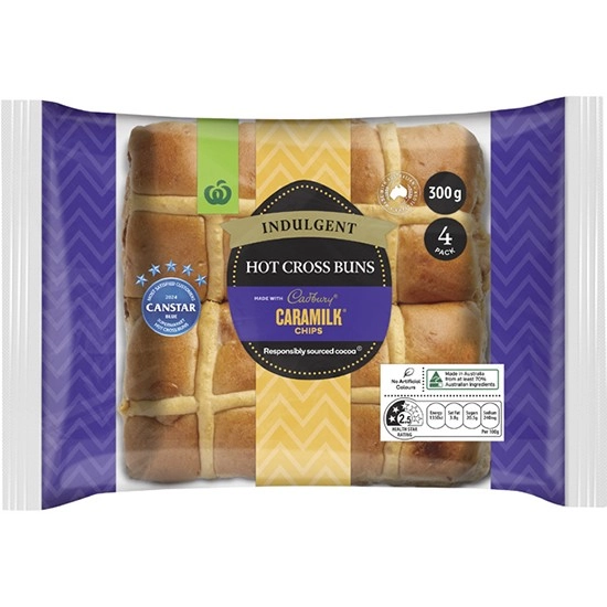 Woolworths Indulgent Hot Cross Buns made with Cadbury® Caramilk® Chocolate Chips Pk 4^