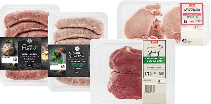 Coles Finest Sausages 450g-500g, Pork Loin Chops Lightly Marinated 450g or Lamb Leg Steak 270g