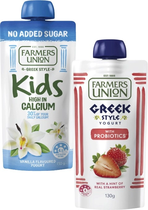 Farmers Union Greek Style or No Added Sugar Yogurt Pouch 130g