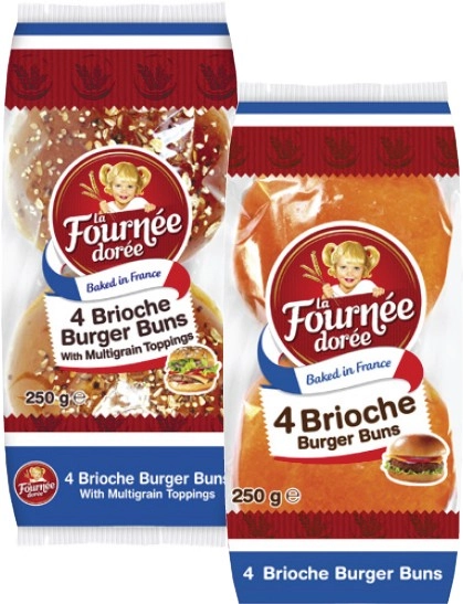 La Fournée Dorée Brioche Burger Buns Original or with Multigrain Toppings 4 Pack 250g