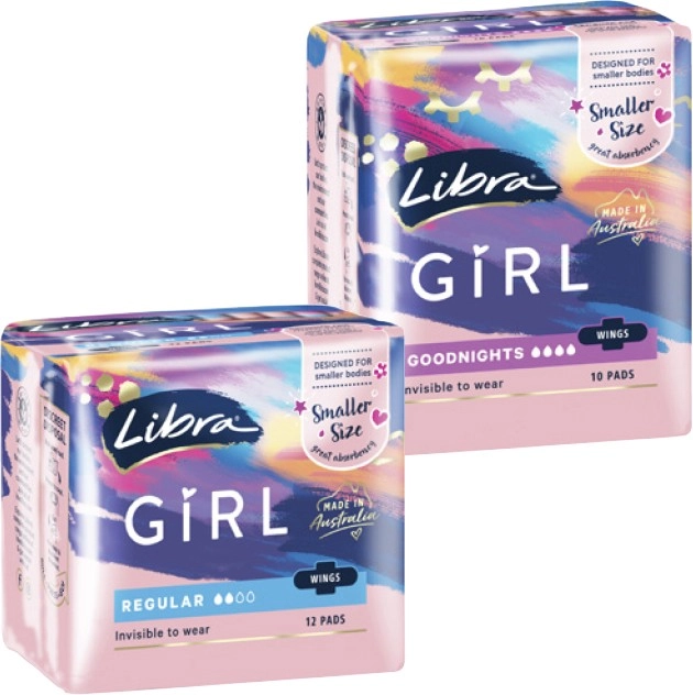 Libra Girl Pads with Wings Regular 12 Pack or Goodnights 10 Pack