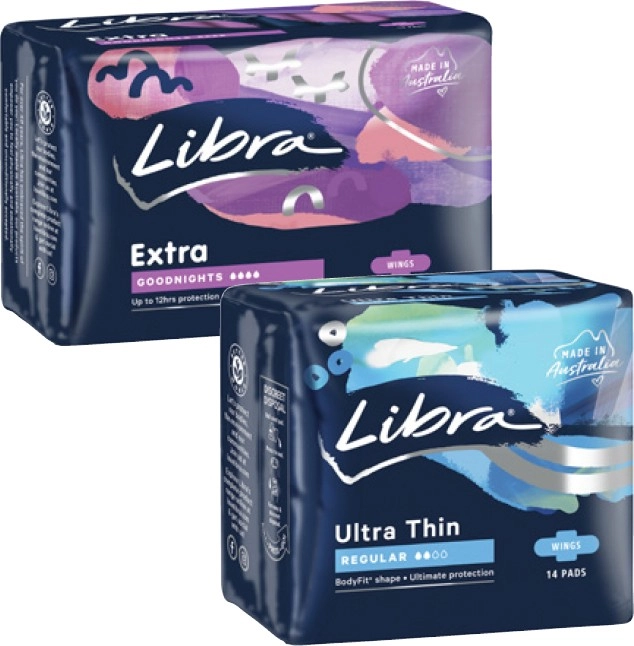 Libra Ultra Thin Pads Regular with Wings 14 Pack or Goodnights Extra Long with Wings 10 Pack