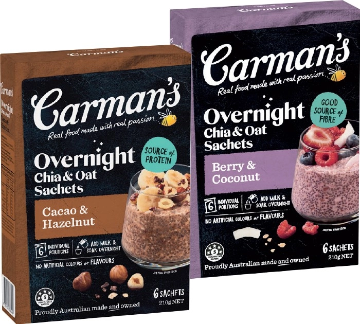 NEW Carman’s Overnight Chia & Oat Sachet 6 Pack Selected Varieties