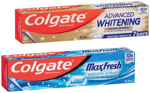 Colgate Advanced Whitening, MaxFresh, Optic White Toothpaste 120-200g, SlimSoft Advanced Toothbrush 2 Pack or Zig-Zag 6 Pack Selected Varieties