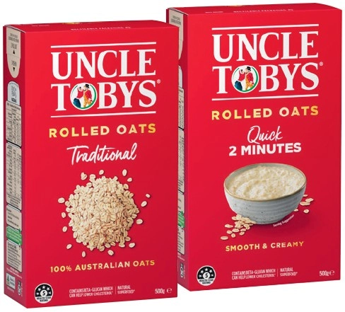 Uncle Tobys Traditional or Quick Rolled Oats 500g