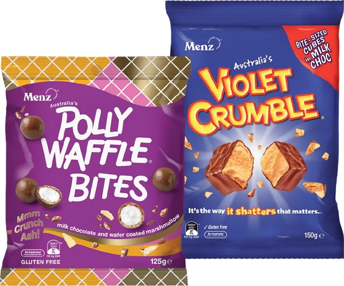 Violet Crumble 120‑150g or Polly Waffle Bites 125g Share Pack Selected Varieties