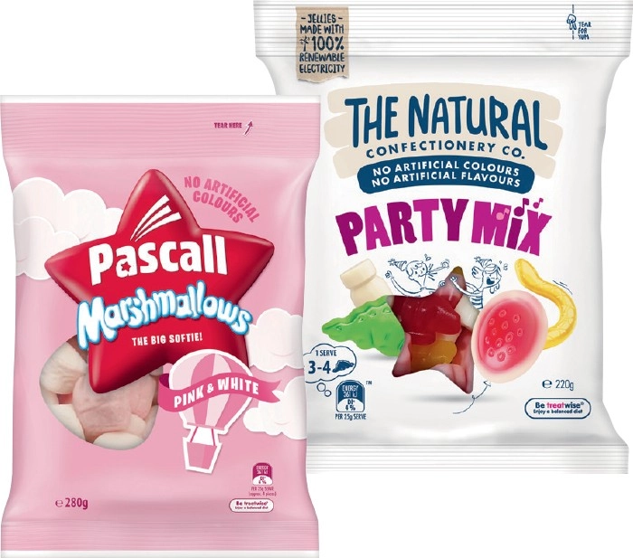 Pascall 150‑300g, The Natural Confectionery Co. 130‑230g, Sour Patch Kids 190g or Cadbury Chocolate Eclairs 160g Bags Selected Varieties