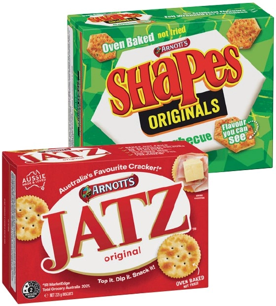 Arnott’s Shapes 130‑190g, Clix 250g, Jatz or Savoy 225g Selected Varieties