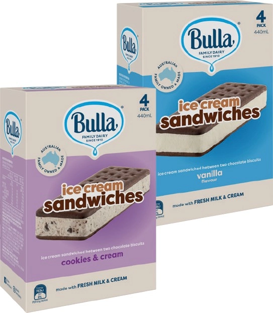 Bulla Ice Cream Sandwiches 4 Pack Selected Varieties