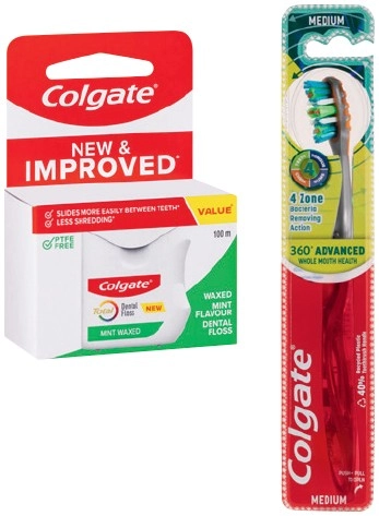 Colgate Total Dental Floss Mint Waxed 100m, 360° Advanced Medium or Slim Soft Advanced Charcoal Bristles Toothbrush 1 Pack