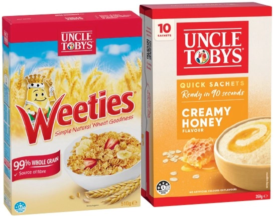 Uncle Tobys Rolled Oats Quick Sachets 8‑10 Pack or Weeties Cereal 510g Selected Varieties